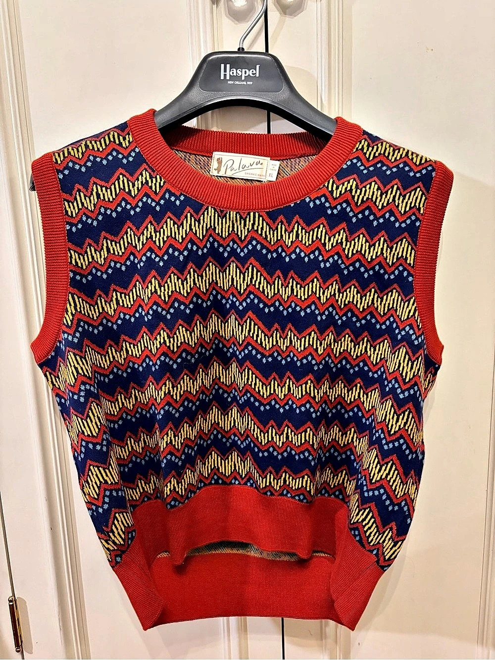 Palava Geometric Organic Cotton Knit Vest in Red & Blue Size XL